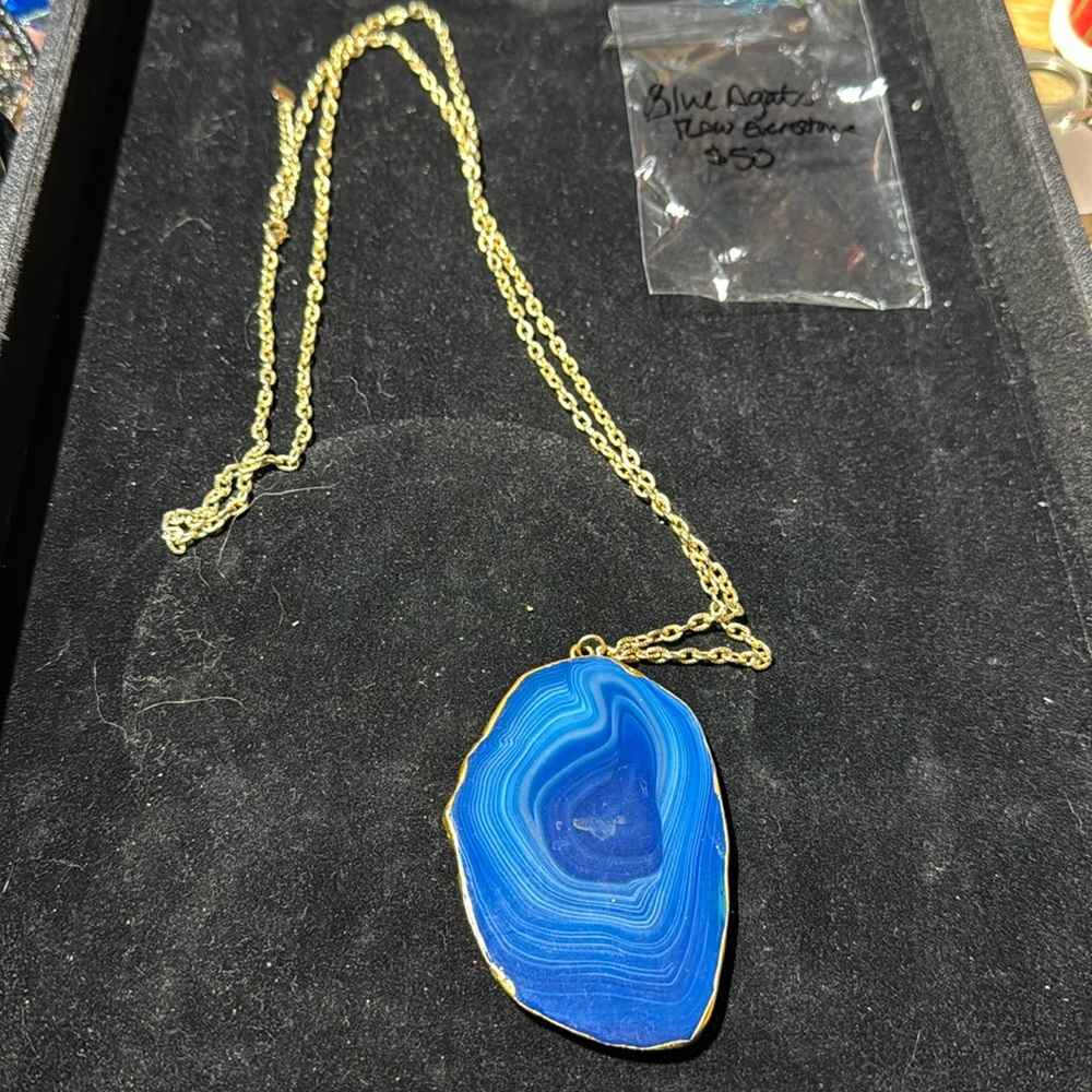 COPY - Blue agate necklace,Raw Gemstone Large Gemstone necklace, Blue agate pen…